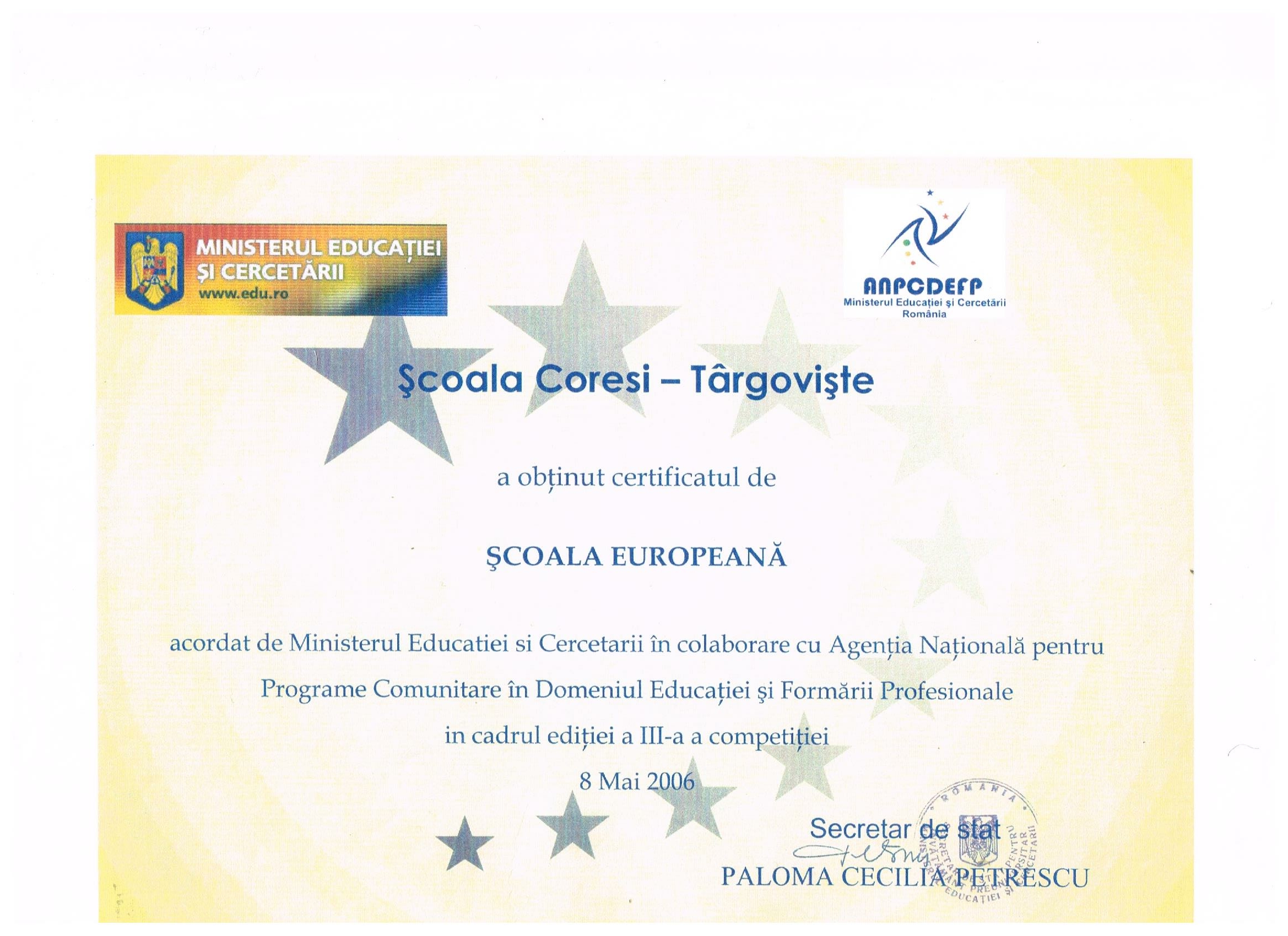 Certificat Școală Europeană - 2006