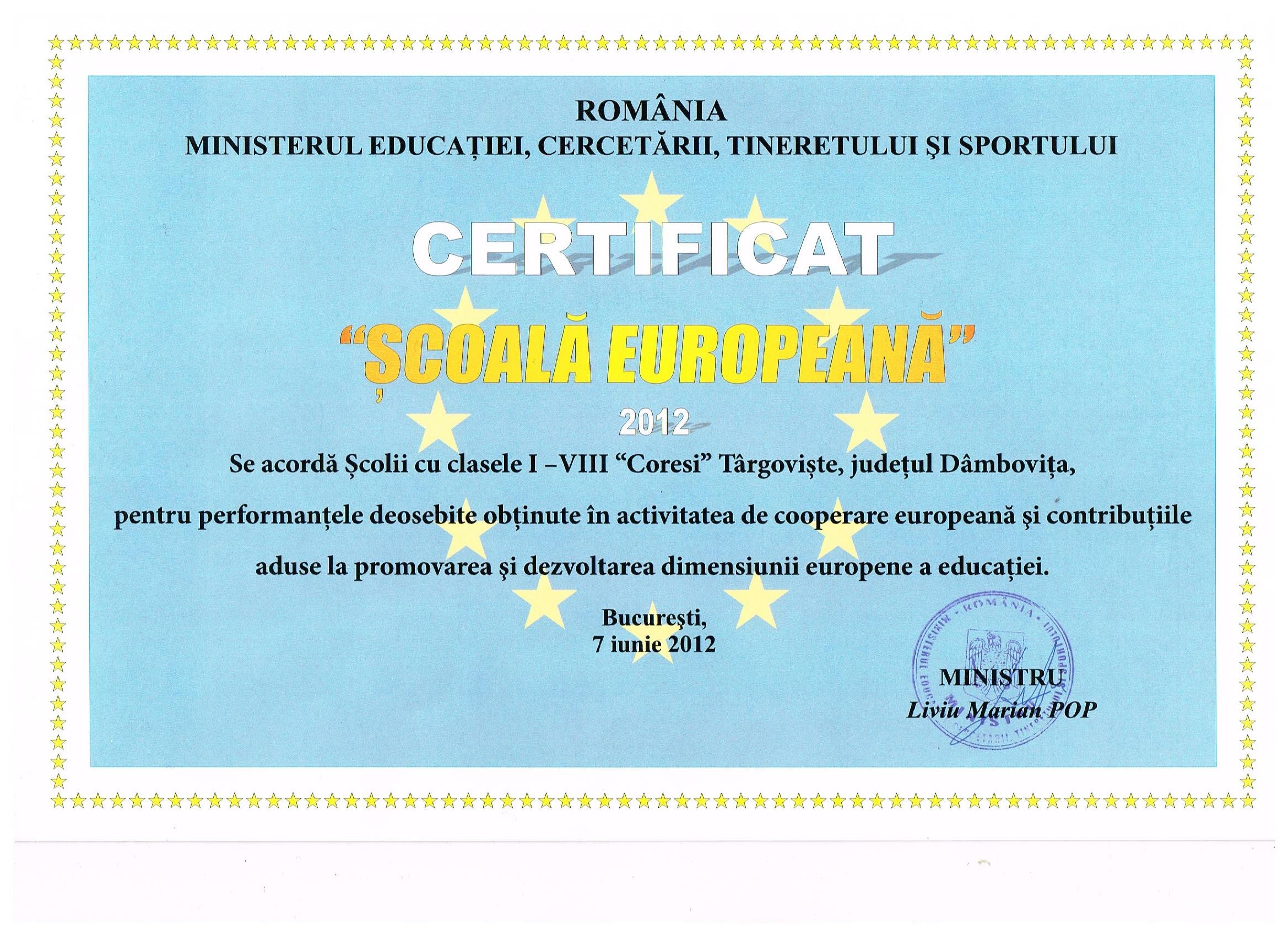 Certificat Școală Europeană - 2012