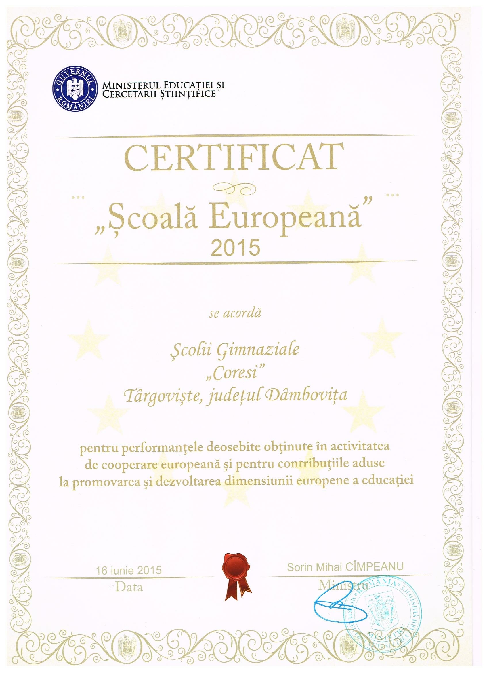 Certificat Școală Europeană - 2015