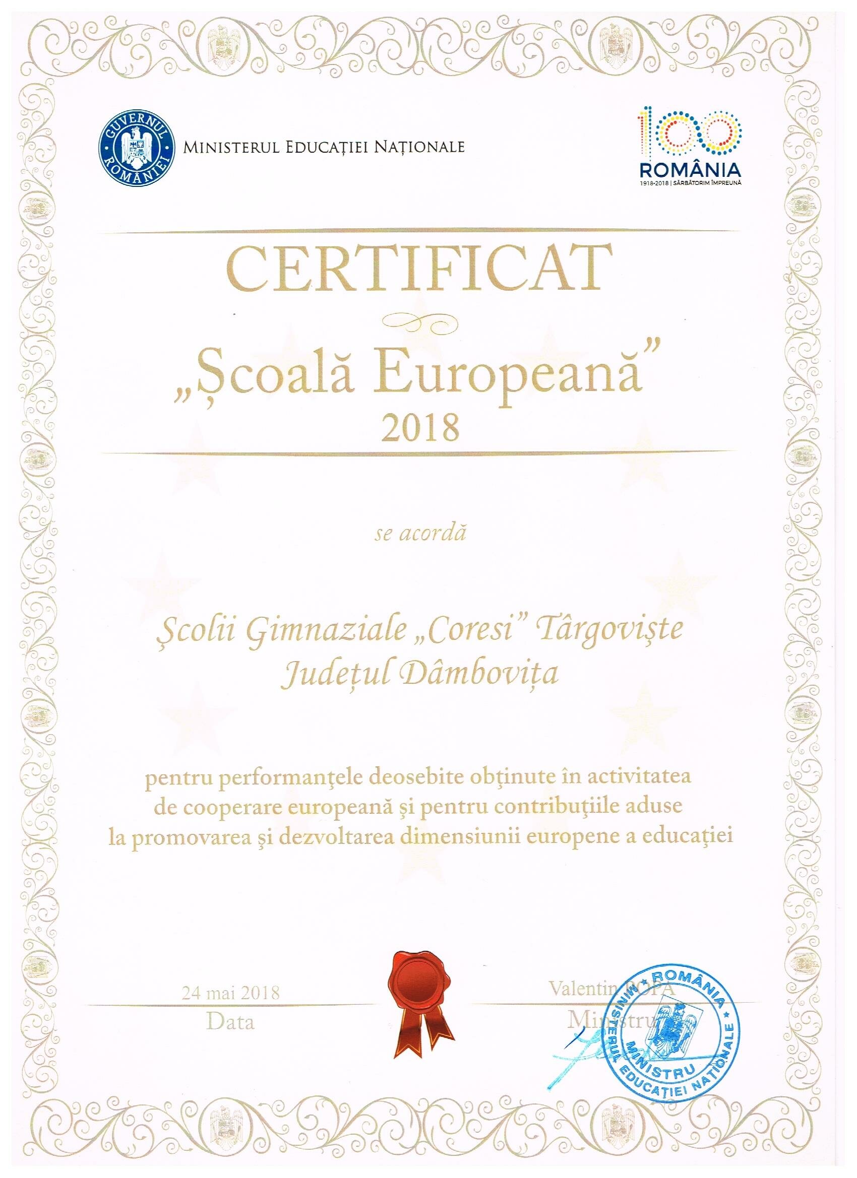 Certificat Școală Europeană - 2018